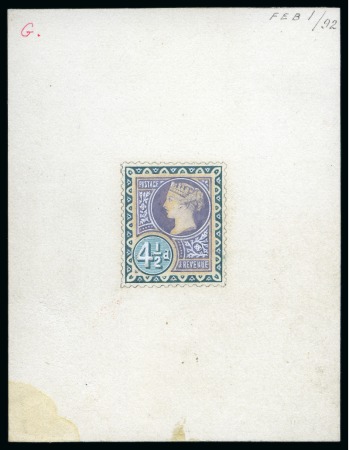 Stamp of Great Britain » 1855-1900 Surface Printed » 1887-1900 Jubilee Issue & 1891 £1 Green 1892 4 1/2d Hand-painted essay in pastel shades of green and lilac and Chinese white on card