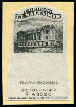 Stamp of Salvador 1916, National Theater, complete set of 10 die proofs on thin paper