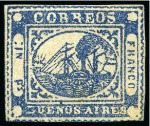 Stamp of Argentina » Buenos Aires 1858, "Barquitos" 2(dos)p blue, 1(in)p light brown and 1(in)p blue, three choice examples 