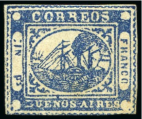 Stamp of Argentina » Buenos Aires 1858, "Barquitos" 2(dos)p blue, 1(in)p light brown and 1(in)p blue, three choice examples 
