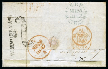 Stamp of Ireland 1847 Wrapper to London via Ireland, with backflap showing rare scroll "SHIP LETTER" hs