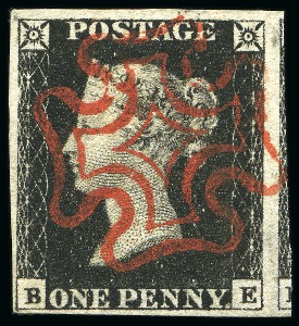 Stamp of Great Britain » 1840 1d Black and 1d Red plates 1a to 11 1840 1d Black pl.4 BE, large to enormous margins showing a portion of the adjoining stamp at right