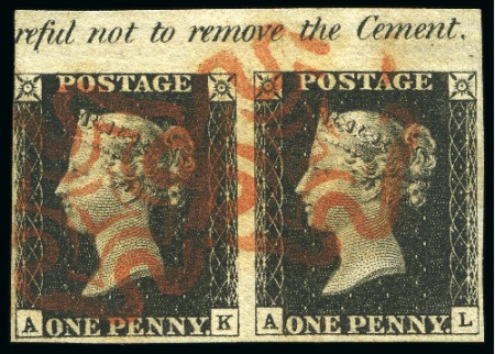 Stamp of Great Britain » 1840 1d Black and 1d Red plates 1a to 11 1840 1d Black pl. 4 AK-AL marginal inscription pair from the top of the sheet showing part inscription