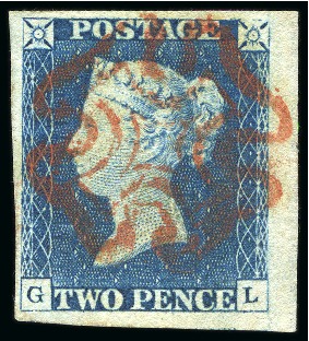 Stamp of Great Britain » 1840 2d Blue (ordered by plate number) 1840 2d Blue pl.1 GL, a marginal example from the right of the sheet showing a complete strike of the red Maltese cross