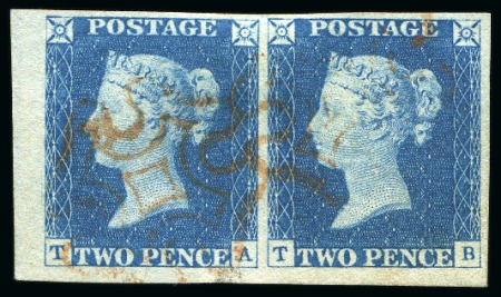 Stamp of Great Britain » 1840 2d Blue (ordered by plate number) 1840 2d Blue pl.2 TA-TB marginal pair from the lower left of the sheet, very lightly cancelled by two strikes of the red Maltese cross