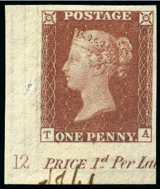 Stamp of Great Britain » 1841 1d Red 1841 1d Red brown pl.12 TA imprimatur, from the lower left of the sheet showing plate number