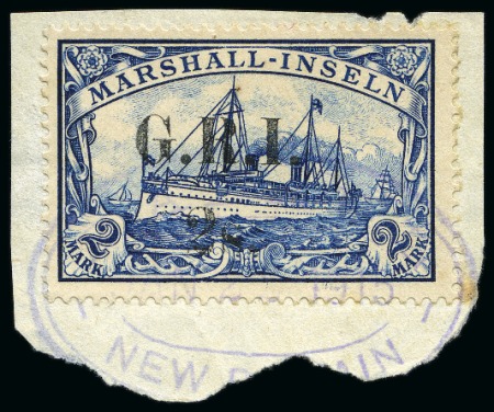 Stamp of New Guinea 1914-15 2s on 2m blue, on small piece tied by "RABAUL / JAN 22 1915/ NEW BRITAIN" oval ds