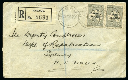 Stamp of New Guinea 1920 (Dec 28) Envelope sent registered to Sydney, bearing Fifth Setting 2d grey pair neatly tied by Rabual cds