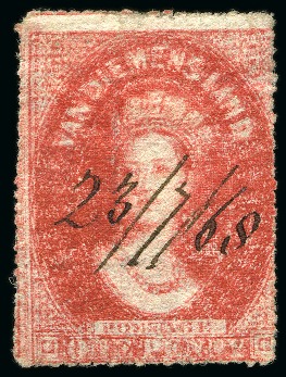 Stamp of Australia » Tasmania 1868-69 Serrated perf.19 at Hobart, 1d. carmine showing double impression