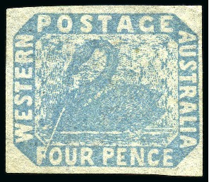 Stamp of Australia » Western Australia 1854-55 4d pale blue unused showing diagonal line from Swan's neck through "F" 
