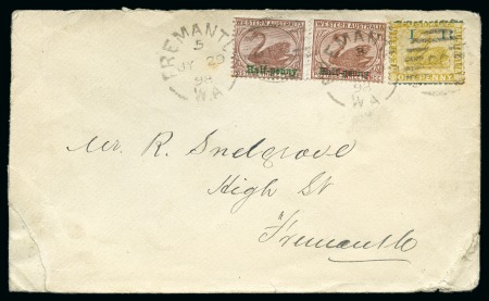 Stamp of Australia » Western Australia 1898 (Jul 29) locally addressed envelope bearing 1895 (Nov.) "Half-penny" on 3d in green, "Half-penny" on 3d in green AND red, and Internal Revenue 1881 1d yellow-ochre