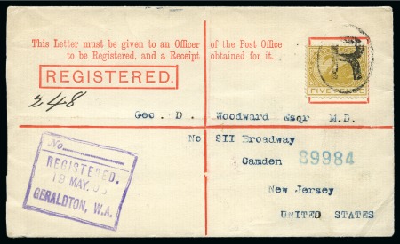 Stamp of Australia » Western Australia 1905 (May 19) 3d Registered envelope from Geraldton to USA, uprated with 1892 CA perf 14 5d bistre