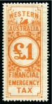 Stamp of Australia » Western Australia Revenues: 1932 Financial Emergency Tax 2s yellow-brown, £1 orange and £5 purple min