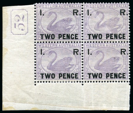 Stamp of Australia » Western Australia Revenues: 1882 Internal Revenue "I.R" 2d lilac in mint lower left corner block of four with current number