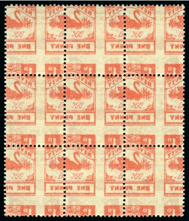 Stamp of Australia » Western Australia Revenues: Revenue Duty 1d red mint nh block of nine with variety complete offset on reverse (misplaced and inverted)