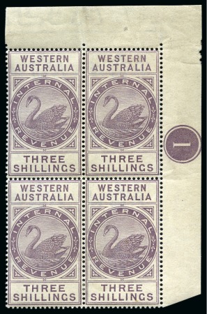Stamp of Australia » Western Australia Revenues: 1899 Internal Revenue 3s lilac mint top right corner block of four with plate number