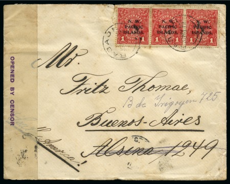 Stamp of New Guinea 1916 (May 10) Envelope to Argentina bearing 1d red pair and die II single, all type "a", tied by Rabaul cds, censored