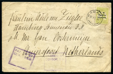 Stamp of New Guinea 1916 (Apr 13) Envelope to Netherlands bearing 3d yellow-olive die II tied by Rabaul cds