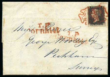 Stamp of Great Britain » 1840 1d Black and 1d Red plates 1a to 11 1840 (Jun 2) Entire from London to Surrey with 1840 1d black pl.3 SG, cancelled by two MCs