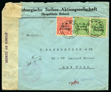 Stamp of New Guinea 1915 (Sep 14) "Hamburgische Sudsee-Aktiengesellschaft, Hauptfiliale Rabaul" commercial envelope to New York, censored