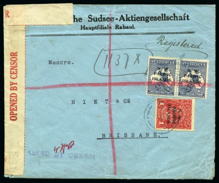 Stamp of New Guinea 1915 (27 Aug.) "Hamburgische Sudsee-Aktiengesellschaft, Hauptfiliale Rabaul" commercial envelope sent registered to Brisbane, censored
