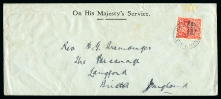 Stamp of New Guinea 1924 (Apr 9) OHMS envelope to Bristol, bearing New Colours 2d rose-scarlet punctured "OS" clearly tied by "RABUAL / NEW GUINEA" cds