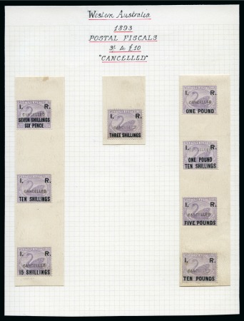 Stamp of Australia » Western Australia Revenues: 1882 Internal Revenue "I.R" 3d and 7s6d to £10, each handstamped "CANCELLED"