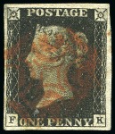 Stamp of Great Britain » 1840 1d Black and 1d Red plates 1a to 11 1840 1d Black pl.10, FK, GL, GL, KC and MI, all with good to large margins all round and cancelled by red Maltese Crosses