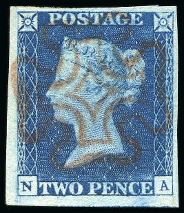 Stamp of Great Britain » 1840 2d Blue (ordered by plate number) 1840 2d Blue pl.1 NA, large to enormous margins all round, showing a superb and complete upright strike of the red Maltese Cross