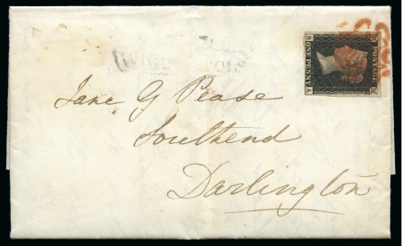 Stamp of Great Britain » 1840 1d Black and 1d Red plates 1a to 11 1840 (Nov 7) 1d Black pl.5 RA placed sideways contrary to regualtions on entire from London to Darlington