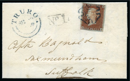 Stamp of Great Britain » 1841 1d Red 1842 (Sep 28) 1d Red-brown NA pl 20 re-entry, on wrapper from Truro to Suffolk, tied by a good strike of the blue Maltese Cross
