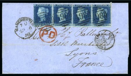 Stamp of Great Britain » 1854-70 Perforated Line Engraved 1857 2d Deep Blue pl. 6, Die I, Alphabet III, OI-Ol horizontal strip of four used on entire