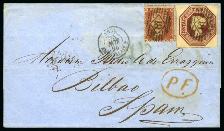 Stamp of Great Britain » 1847-54 Embossed 1855 (Nov 14) Wrapper to Spain bearing 1847-54 Embossed 10d brown die 3 with margins all round