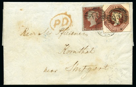 Stamp of Great Britain » 1847-54 Embossed 1852 (Oct 5) Entire to Germany bearing 1847-54 Embossed 10d brown die 2