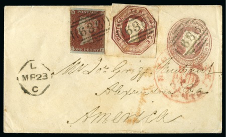 Stamp of Great Britain » 1847-54 Embossed 1854 (Mar 21) 1d Pink postal stationery envelope to USA, additionally franked with 1847-54 Embossed 10d brown and 1841 1d red-brown 