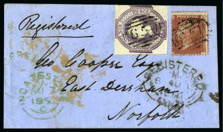 Stamp of Great Britain » 1847-54 Embossed 1856 (Aug 7) Envelope sent registered from Rochford, Essex, to Norfolk, bearing 1847-54 Embossed 6d purple 