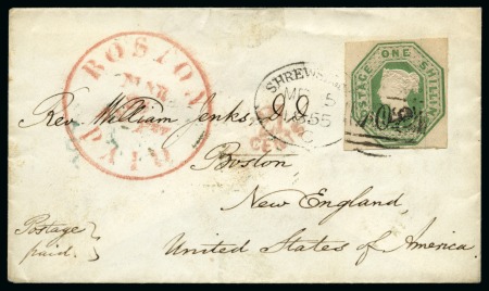 Stamp of Great Britain » 1847-54 Embossed 1855 (Mar 5) Envelope from Shrewsbury to Boston, USA, bearing 1847-54 1s green with good to large margins
