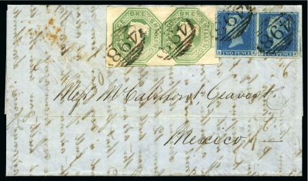 Stamp of Great Britain » 1847-54 Embossed 1849 (Mar 1) Entire to Mexico bearing 1847-54 1s green pair with fine to large margins additionally bearing a pair of 1841 2d blue