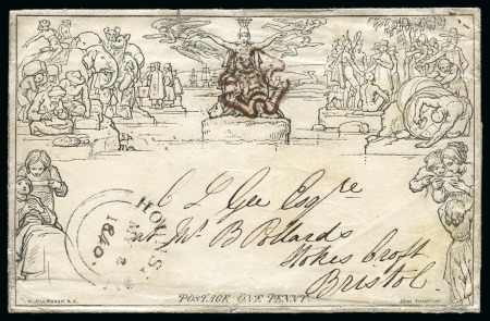Stamp of Great Britain » 1840 Mulreadys & Caricatures 1840 (May 8) 1d Mulready lettersheet, stereo A22, to Bristol on THIRD DAY OF USE, cancelled by a brown Maltese cross 