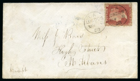 Stamp of Great Britain » 1854-70 Perforated Line Engraved 1858 1d Lake-rose pl. 44 PF, Alphabet III, on envelope cancelled by a good strike of the rare Cresswell rotary stamping apparatus obliteration