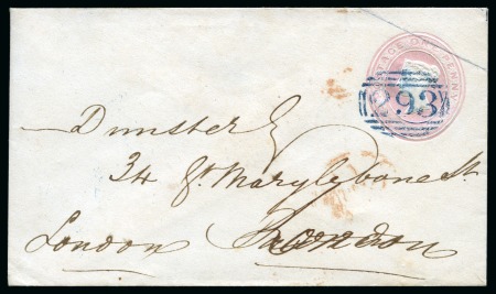 Stamp of Great Britain » Postal Stationery 1850 & 1851 Pair of 1d pink postal stationery envelopes (different sizes), both cancelled by very fine blue numerals