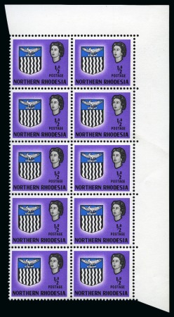 Stamp of Northern Rhodesia 1963 QEII Arms 1/2d with ORANGE OMITTED (eagle) in mint nh top right corner marginal block of 10