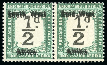 Stamp of South West Africa Postage Dues: 1923 1/2d black & green showing variety overprint double in mint hr se-tenant pair