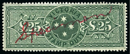 Stamp of Australia » Victoria 1897-95 "Stamp Duty" recess printed £25 bluish green, £50 dark violet and £100 aniline crimson with manuscript "Specimen"