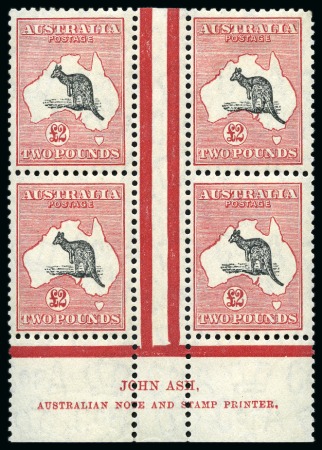 Stamp of Australia » Commonwealth of Australia 1931-36 Roo £2 Black & Rose die II in mint lower marginal imprint interpanneau block of four