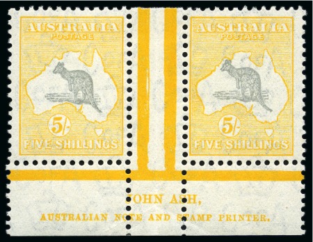 Stamp of Australia » Commonwealth of Australia 1931-36 Roo 5s Grey & Yellow die II in mint nh lower marginal imprint interpanneau pair