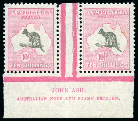 Stamp of Australia » Commonwealth of Australia 1929-30 Roo 10s Grey & Pink die II in mint lower marginal imprint interpanneau pai
