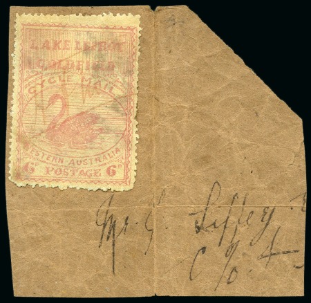 Stamp of Australia » Western Australia Lake Lefroy Goldfield Bicycle Service: 1897 (April) 6d rose red on yellowish buff paper with green reverse, perf. 12, used on large piece