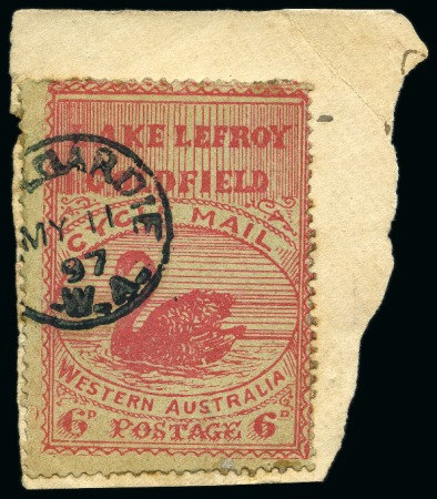 Stamp of Australia » Western Australia Lake Lefroy Goldfield Bicycle Service: 1897 (April) 6d rose red on yellowish buff paper with green reverse, perf. 12, used on piece of card with Coolgardie MY 11 97 cds