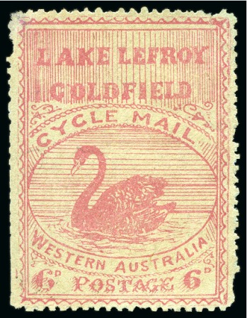 Stamp of Australia » Western Australia Lake Lefroy Goldfield Bicycle Service: 1897 (April) 6d rose red on yellowish buff paper with green reverse, perf. 12, unused
